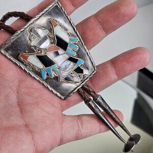 Vintage Zuni Thunderbird Bird Sterling Silver & Inlay Bolo Tie Markings On Back